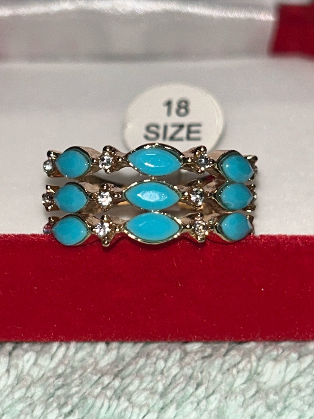 Fashion Three Band Ring with Clear Stones and Turquoise Colored Marquise Size 8